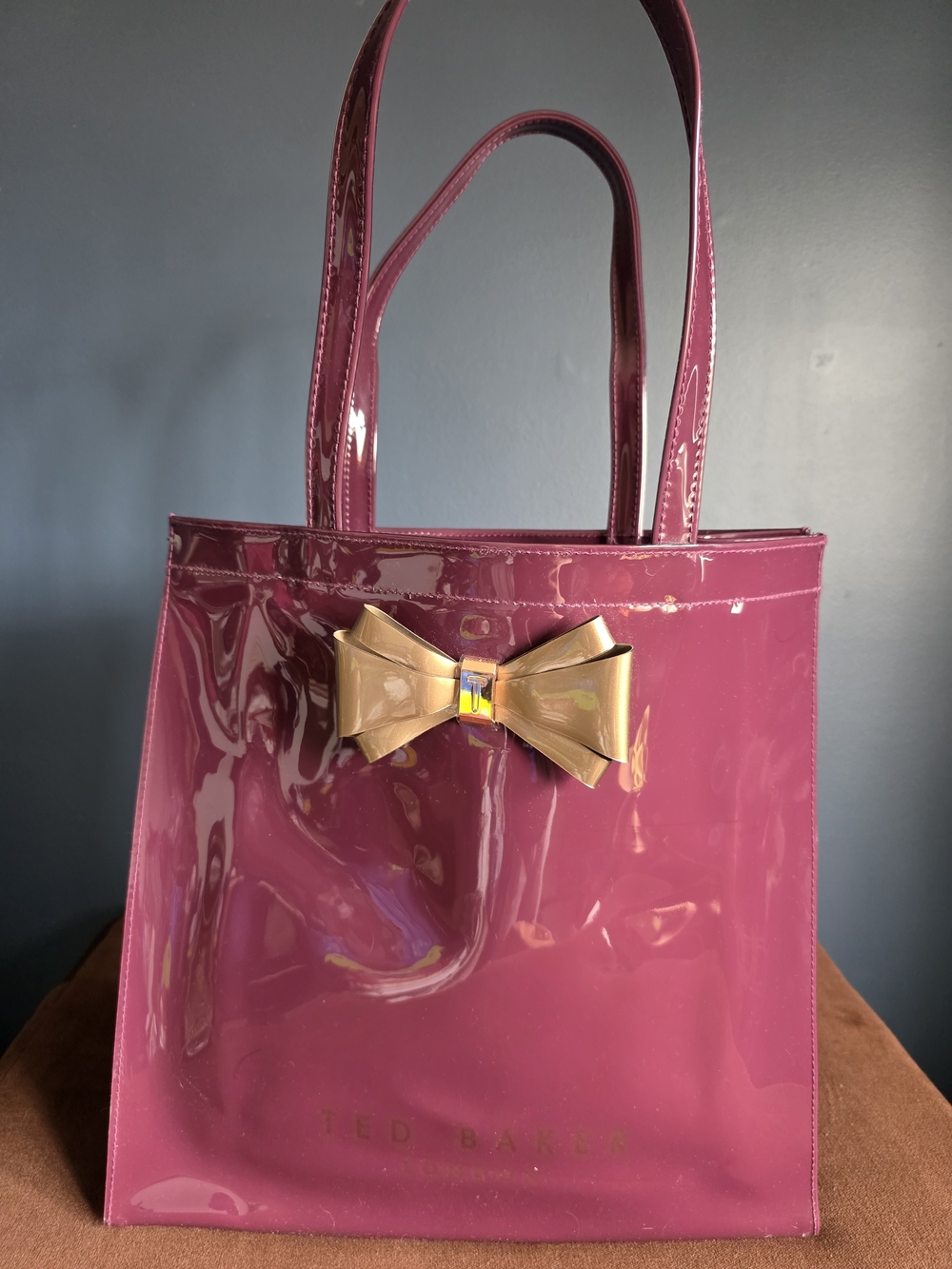 Ted Baker Magenta Patent Tote with Gold Bow Accent
